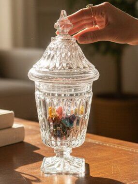Vintage Indiana Glass Mount Vernon Diamond Point Pedestal Candy Dish w Lid 9.75"